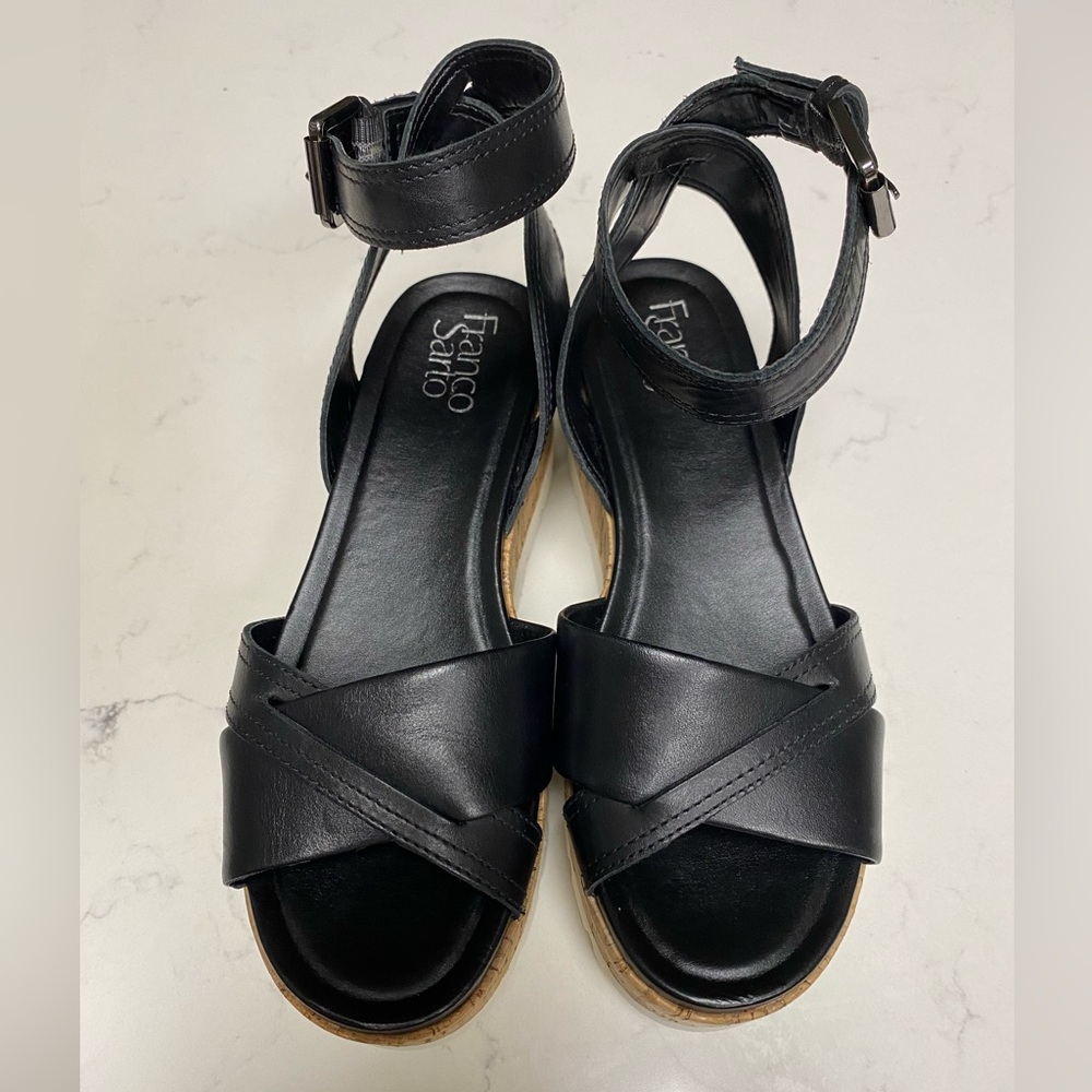 Franco Sarto Women’s Ankle Strap Cork Black Leather Sandals - 7M L-FAE - Picture 1 of 16